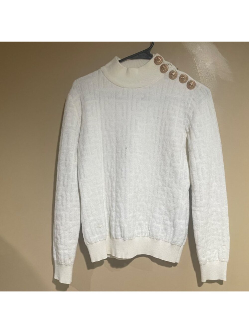 Balmain Cream Crewneck Sweater with Gold Buttons